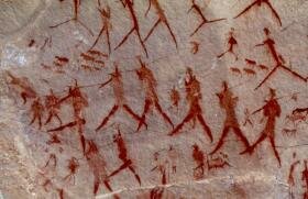 San painting of men with dogs and sheep
